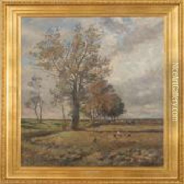 Fall Landscape With People On The Field. Signed Viggo Langer 12 Oil Painting - Olaf Viggo Peter Langer