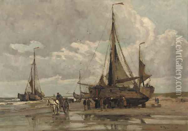 After a day's catch on the beach of Katwijk Oil Painting - Wilhelm Hambutchen