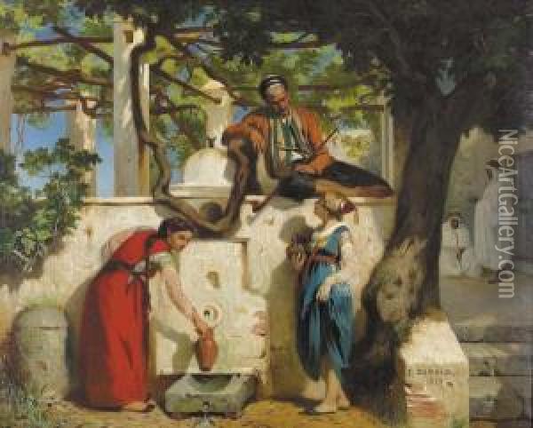 Gesprach Am Brunnen. Oil Painting - Joseph Caraud