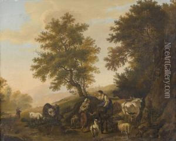 Landschaftspartie Mit Bauerinnen Und Viehherde An Einem Weg Oil Painting - Pierre Louis De La Rive