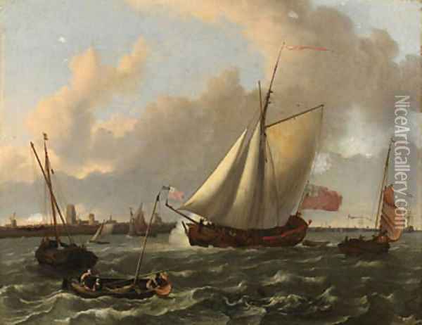 A British sloop and other shipping in a stiff breeze on the Maas by Dordrecht Oil Painting - Ludolf Backhuysen