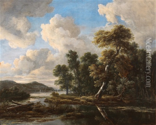 River Landscape With Wooded Banks Oil Painting - Jacob Van Ruisdael