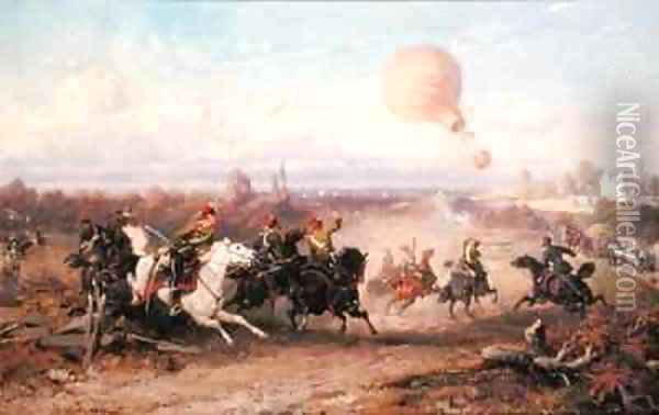 Prussian Hussars firing at a French Observation Balloon Oil Painting - Ludwig Braun