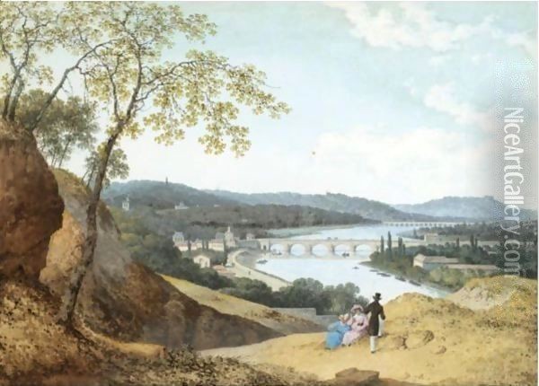 View From A Hillside Of A Town In A River Valley, With Three Figures Resting In The Foreground Oil Painting - Henri Knip