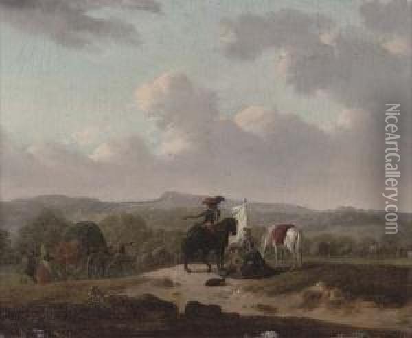 Soldiers On Horseback Resting By A Track With Caravans, A Landscape Beyond Oil Painting - Francesco Giuseppe Casanova