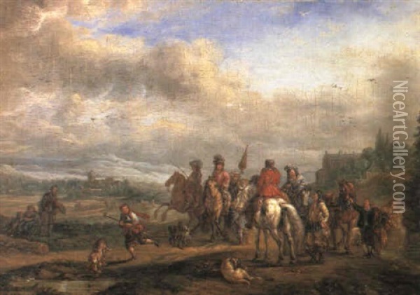 A Hawking Party  A Hunting Party At Rest Oil Painting - Carel van Falens