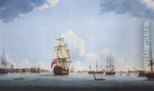 Man O'war In Portsmouth Harbour Oil Painting - Thomas (Captain) Elliott
