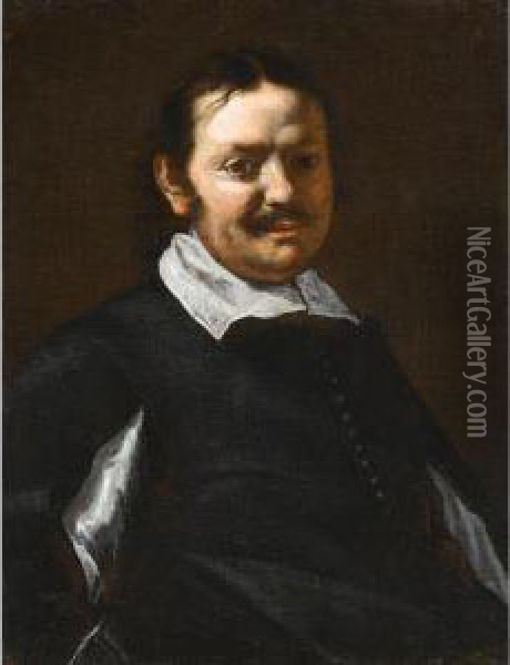 Portrait Of A Man, Half Length, Wearing Black With A White Ruff Oil Painting - Michelangelo Cerqouzzi
