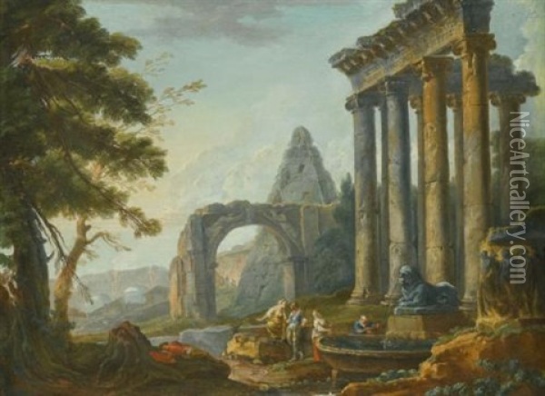 An Architectural Capriccio With The Temple Of Concordia, The Arch Of Titus And The Pyramid Of Caius Cestius, With Figures Before A Fountain In The Foreground Oil Painting - Hubert Robert