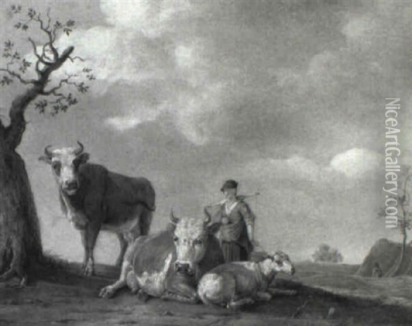 A Milkmaid With Cows And A Sheep By A Tree In A Landscape Oil Painting - Paulus Potter