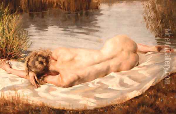 A reclining nude on the banks of a river Oil Painting - Peter Von Hamme