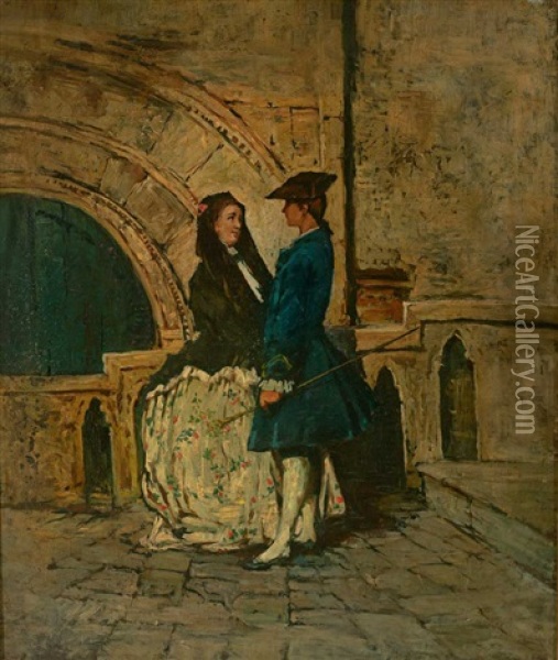 Junges Paar Im Habit Des 18. Jh. Vor Malerischem Gemauer Oil Painting - Giacomo Favretto