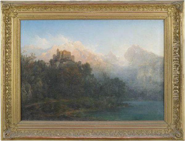 Hochgebirgslandschaft Mit Imposanter Burganlage Auf Einer Anhohe Oberhalb Eines Sees Oil Painting - Julius Lange