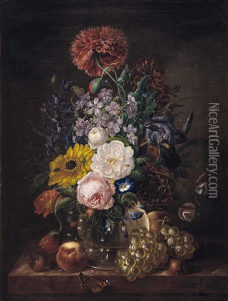 Stillleben Mit Blumen, Obst Und Schmetterling Oil Painting - Georg Seitz