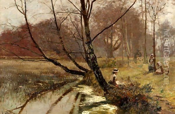 By The River Bank Oil Painting - Hector Caffieri