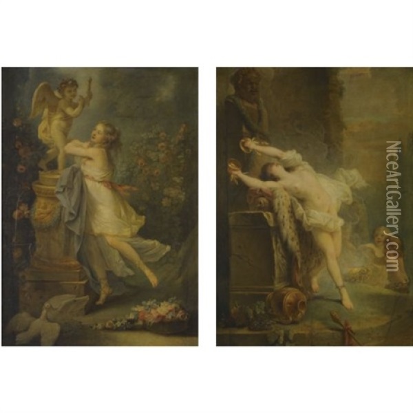 A Young Lady Before A Statue Of Cupid (+ A Bacchante Playing The Cymbals Before A Statue Of Pan; Pair) Oil Painting - Antoine-Francois (Calet) Callet