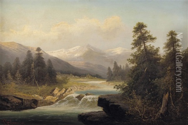 Fluss-gebirgslandschaft Oil Painting - Adolf Kaufmann