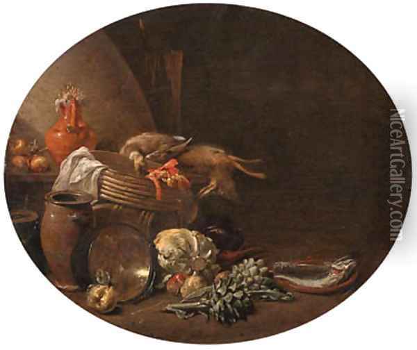 A kitchen interior with a hare and a mallard on a table by a basket with fish on a terracotta plate, apples, artichokes and other vegetables Oil Painting - Jan Olis