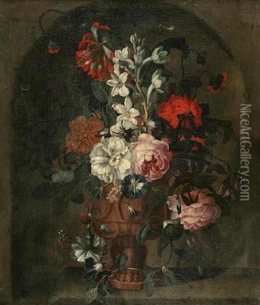 A Floral Still Life With Roses, Bluebells And Other Flowers And A Butterfly In An Earthen Vase Within A Niche Oil Painting - Simon Hardime