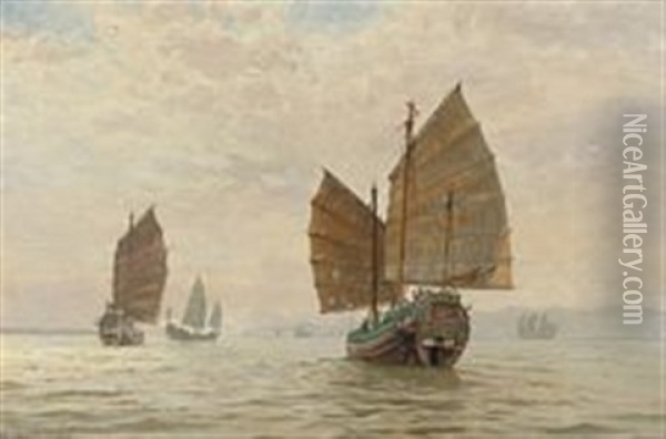 Marine With Several Chinese Junks At Sea Oil Painting - Vilhelm Karl Ferdinand Arnesen