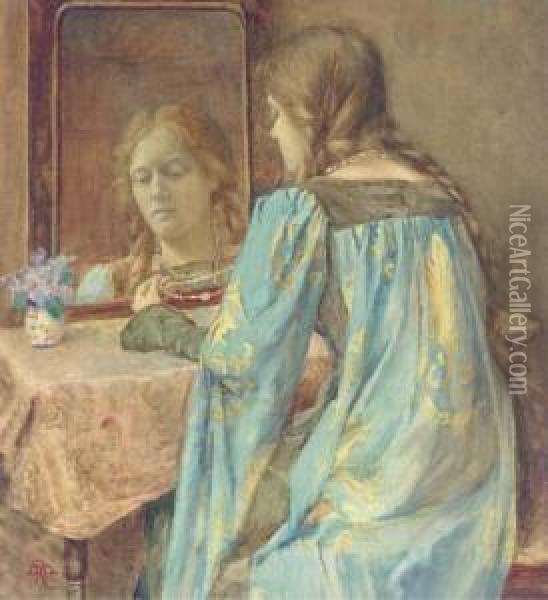 Lady In Medieval Dress At Her Toilette Oil Painting - Henry Maynell Rheam