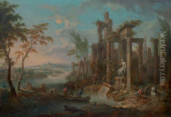 Pecheurs Dans Un Paysage De Ruines Antiques Oil Painting - Franz Christoph Janneck
