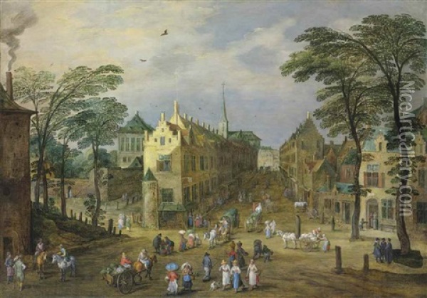 A Townscape With Figures And Horse-drawn Carts, Carrying Vegetables And Other Produce To Market Oil Painting - Joos de Momper the Younger
