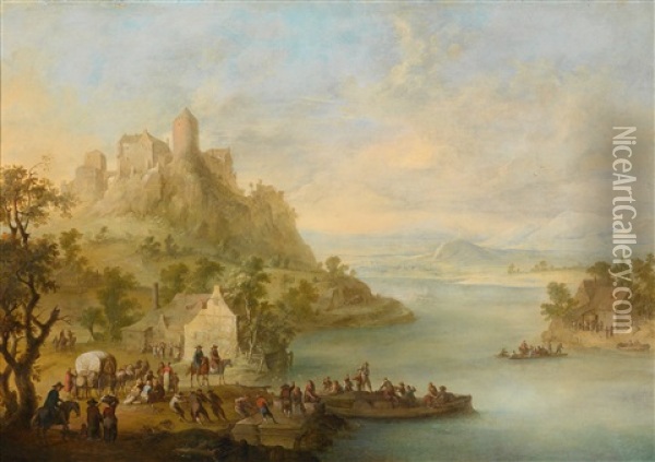 Eine Weite Flusslandschaft Mit Einem Fahrboot, Einer Hochgelegenen Burg Und Zahlreichen Personen Oil Painting - Franz de Paula Ferg