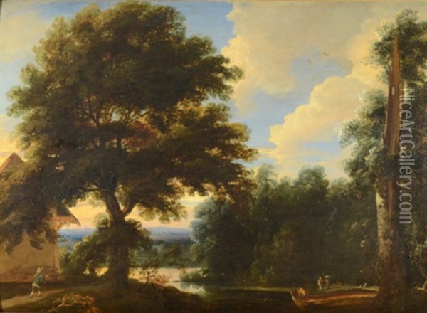 Wooded Landscape With Pond And Figures Oil Painting - Jacques d' Arthois