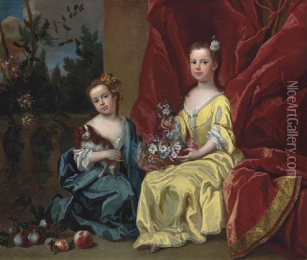 Portrait Of Catherine Sancroft (c. 1716-1780) And Her Sister Elizabeth (1714-1788), Full-length, The Former In A Blue Dress Holding A Spaniel, The Latter In A Yellow Dress Holding A Bowl Of Flowers, Before A Draped Curtain, A Park Landscape Beyond Oil Painting - James Maubert