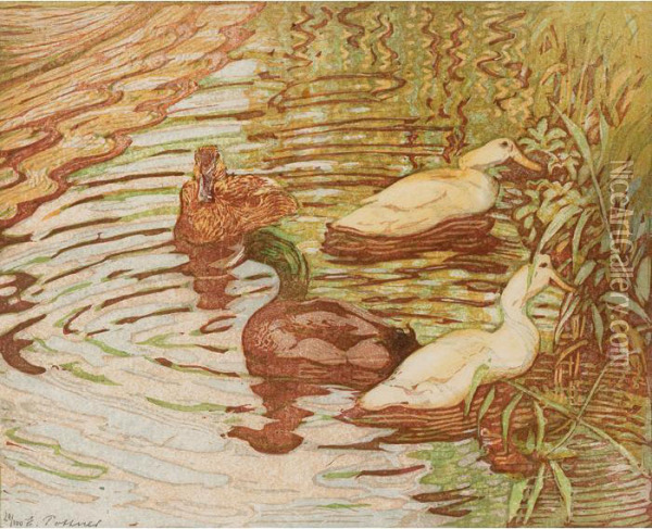 Ducks Oil Painting - Emil Pottner