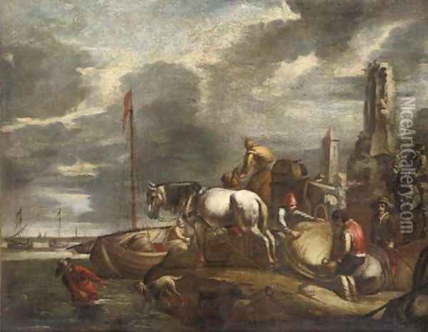 Stevedores at a harbour Oil Painting - Giovanni De Momper
