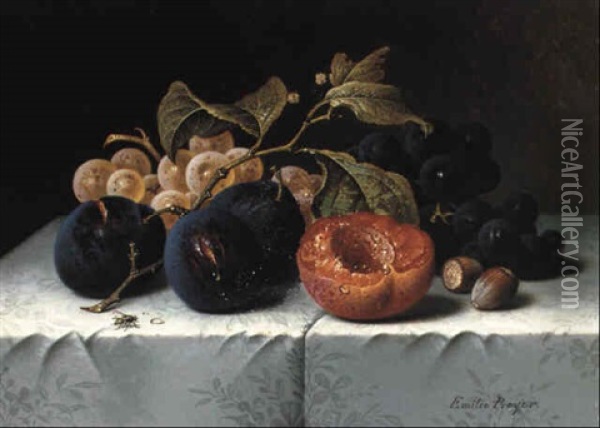 Still Life With Plums, Grapes And Apricot Oil Painting - Emilie Preyer