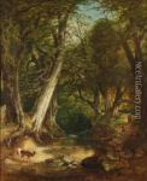 Deerby A Woodland Stream Oil Painting - Thomas Creswick