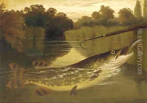 A pike coming to the gaff Oil Painting - A. Roland Knight