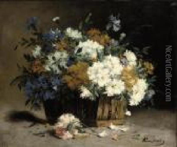 Cornflowers And Chrysanthemums In A Basket Oil Painting - Eugene Henri Cauchois