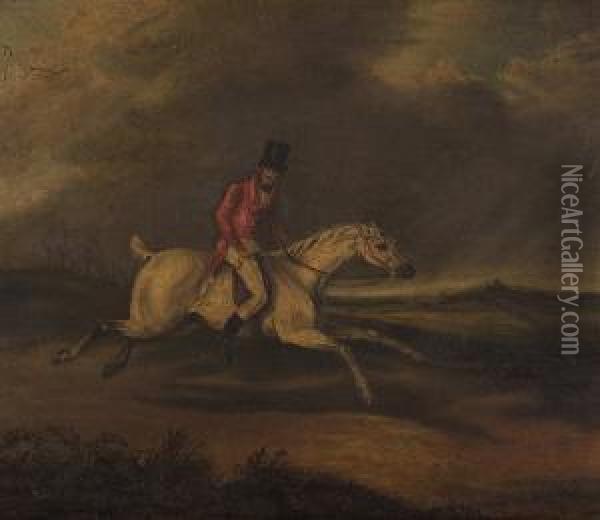 Huntsman On Horseback Galloping In An Extensive Landscape Oil Painting - Henry Thomas Alken