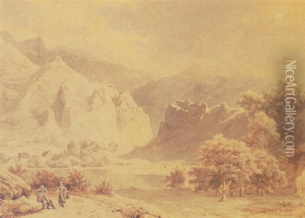 Figures In A Mountainous Landscape Oil Painting - Barend Cornelis Koekkoek