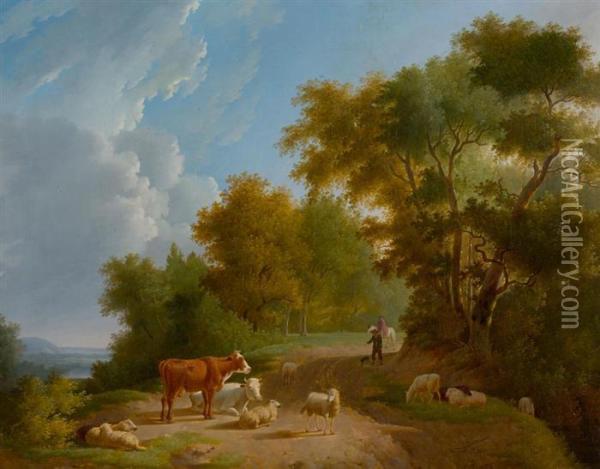 Summer Landscape With Shepherds And Flock. Oil Painting - Jan I Kobell