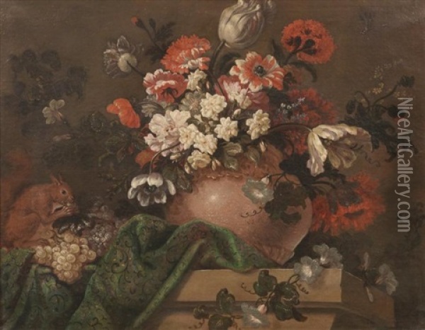 Corbeille De Fleurs Sur Un Entablement Oil Painting - Jean-Baptiste Monnoyer