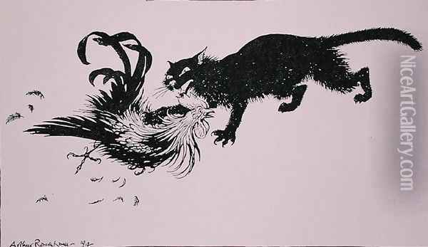 The Cat and the Cock, illustration from Aesops Fables, published by Heinemann, 1912 Oil Painting - Arthur Rackham