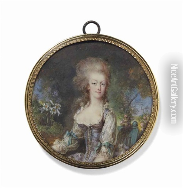 Portrait De La Reine Marie-antoinette Assise Sur Une Chaise, Devant Un Fond Boise Et Fleuri Oil Painting - Pierre Adolphe Hall