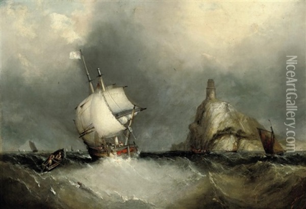 Shipping Inshore And Running Past The South Stack Lighthouse Oil Painting - Sir George Chambers