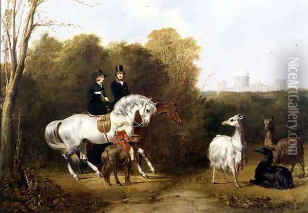 Queen Victoria 1819-1901 and Prince Albert 1819-61 Viewing the Llamas in the House Park, Windsor, c.1845 Oil Painting - Gourlay Steell