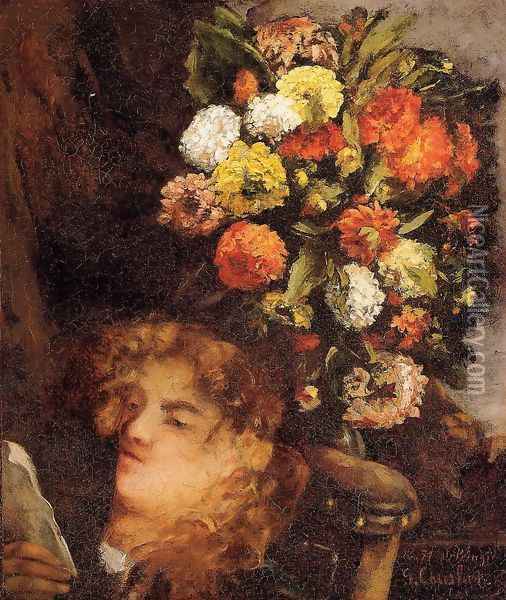 Head Of A Woman With Flowers Oil Painting - Gustave Courbet