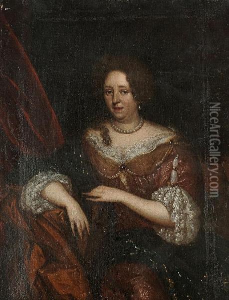 Portrait Of A Lady, 
Three-quarter-length, In A Brown Dress With Lace Edging And A Pearl 
Necklace Oil Painting - Caspar Netscher