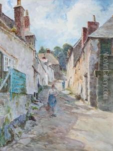 A Welsh Street With Lady By Cottages Oil Painting - Tom Clough