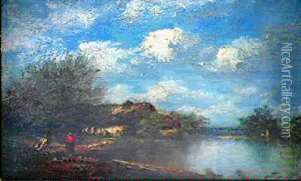 Bord De Riviere Animee Oil Painting - Jules Dupre