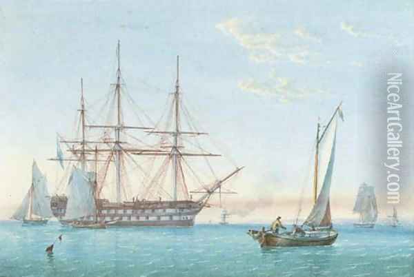 A Royal Naval two-decker lying in Spithead with small craft nearby Oil Painting - William Joy