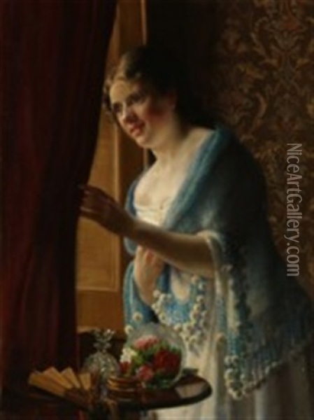 Young Woman Looking Out Of The Window In Anticipation Oil Painting - Christian Pram Henningsen